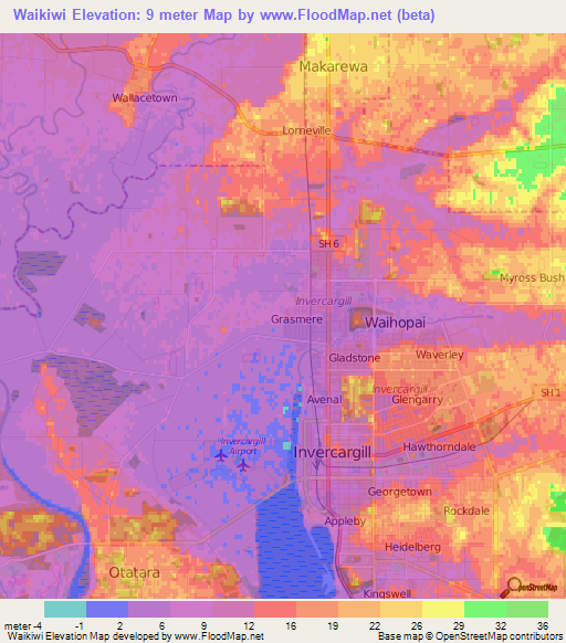 Waikiwi,New Zealand Elevation Map