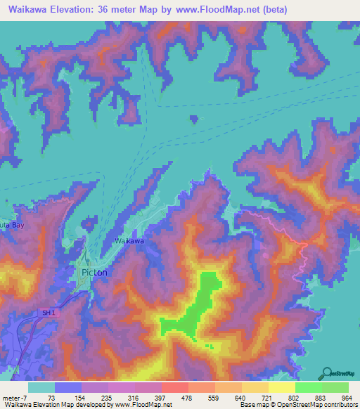 Waikawa,New Zealand Elevation Map