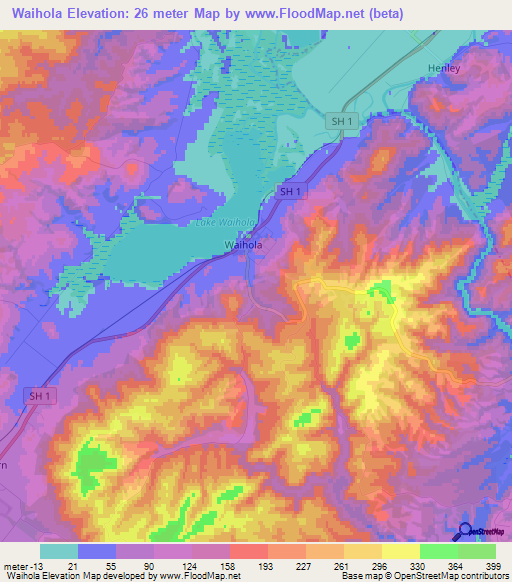 Waihola,New Zealand Elevation Map