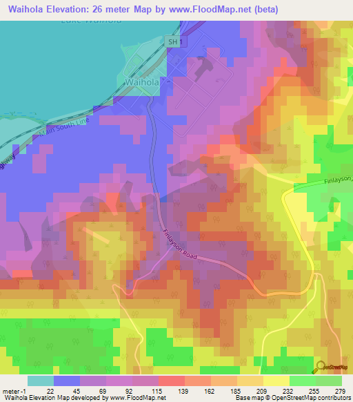 Waihola,New Zealand Elevation Map