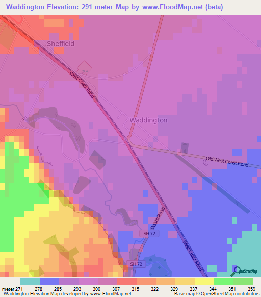 Waddington,New Zealand Elevation Map