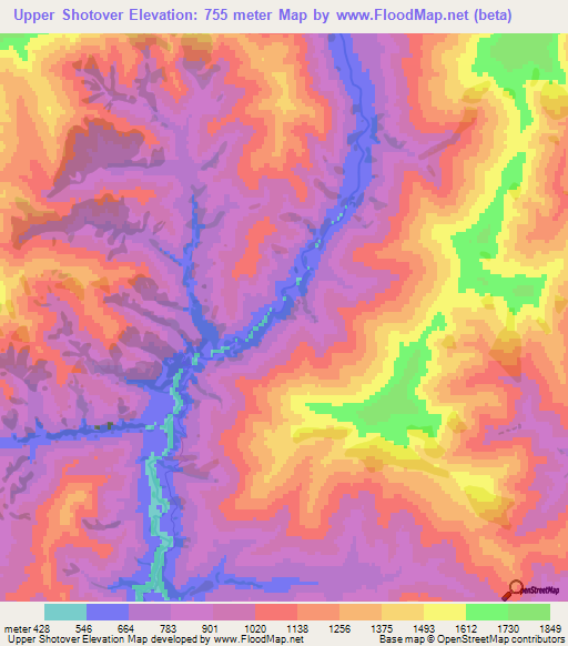 Upper Shotover,New Zealand Elevation Map