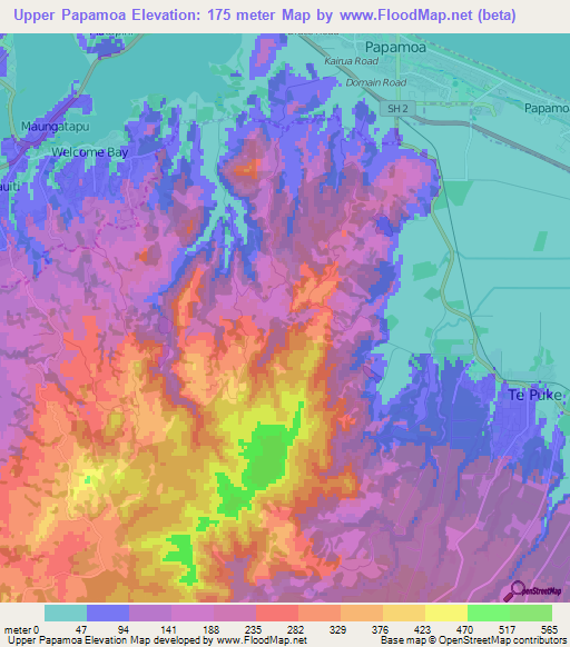 Upper Papamoa,New Zealand Elevation Map