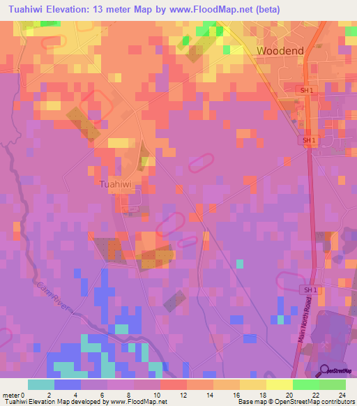 Tuahiwi,New Zealand Elevation Map