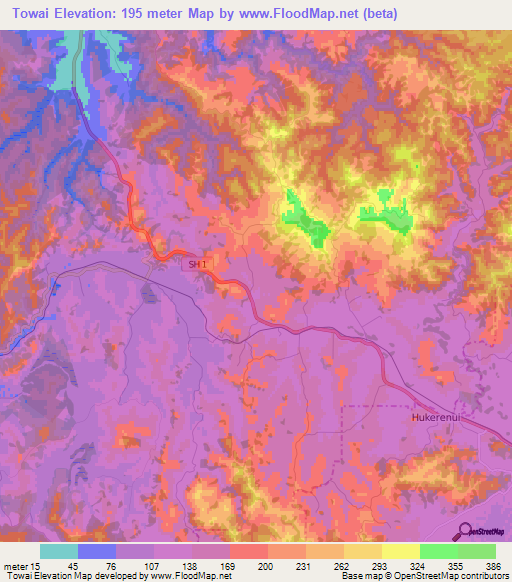 Towai,New Zealand Elevation Map
