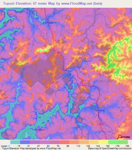 Topuni,New Zealand Elevation Map