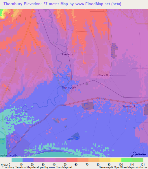 Thornbury,New Zealand Elevation Map