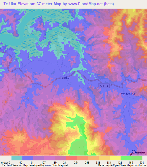 Te Uku,New Zealand Elevation Map