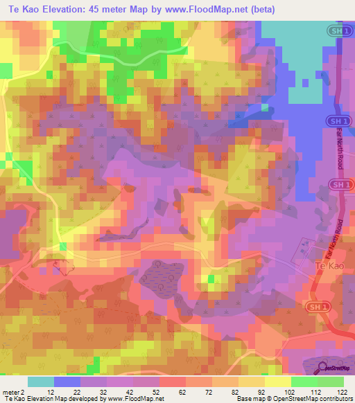 Te Kao,New Zealand Elevation Map