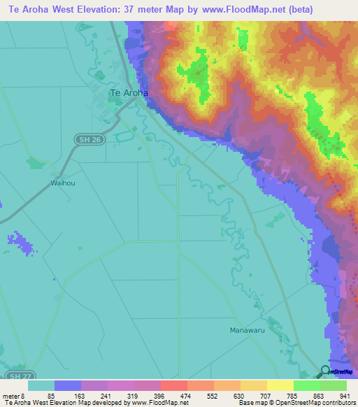 Te Aroha West,New Zealand Elevation Map