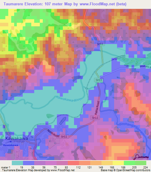 Taumarere,New Zealand Elevation Map