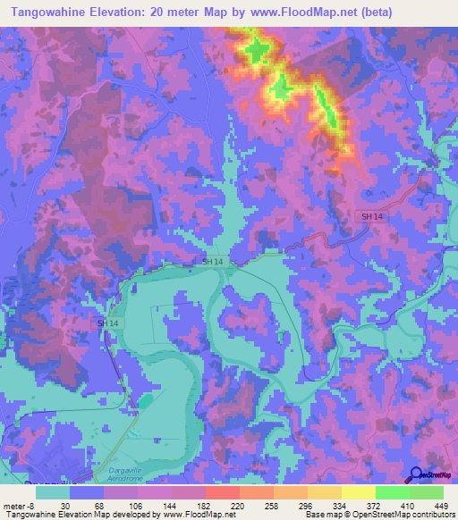 Tangowahine,New Zealand Elevation Map