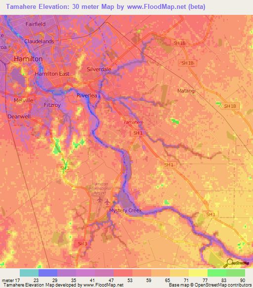 Tamahere,New Zealand Elevation Map