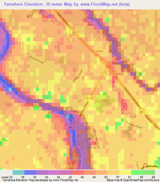 Tamahere,New Zealand Elevation Map