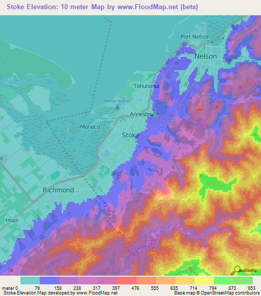 Stoke,New Zealand Elevation Map