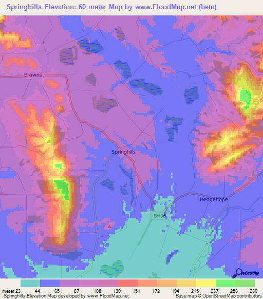 Springhills,New Zealand Elevation Map