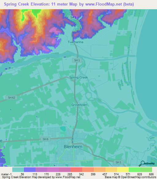 Spring Creek,New Zealand Elevation Map