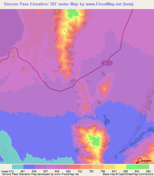 Simons Pass,New Zealand Elevation Map