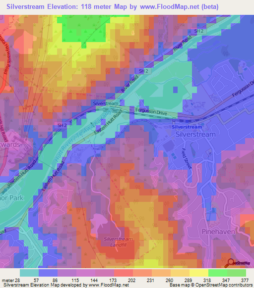 Silverstream,New Zealand Elevation Map