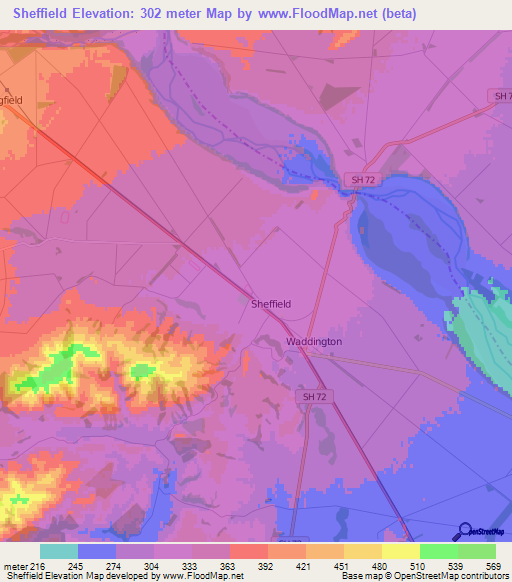 Sheffield,New Zealand Elevation Map