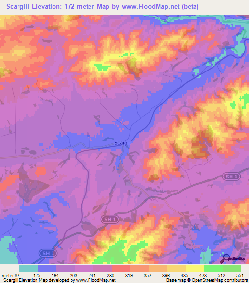 Scargill,New Zealand Elevation Map