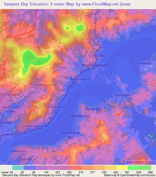 Sawyers Bay,New Zealand Elevation Map