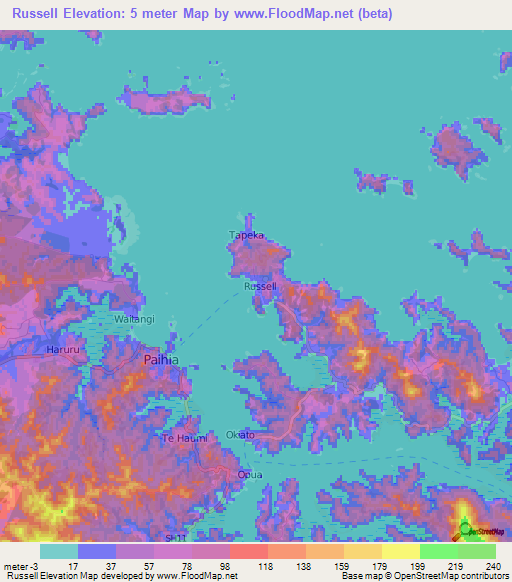Russell,New Zealand Elevation Map