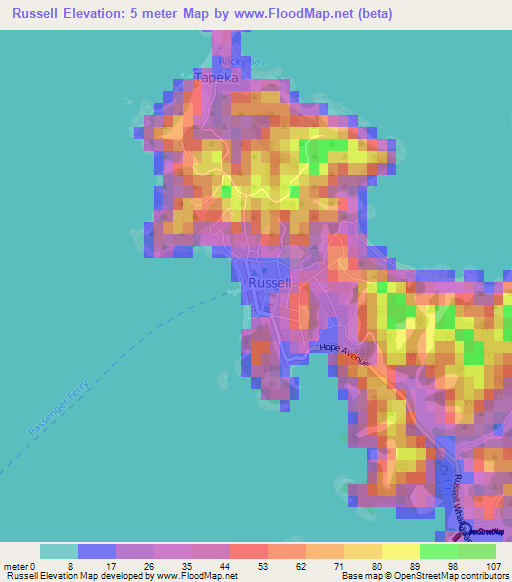 Russell,New Zealand Elevation Map