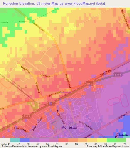 Rolleston,New Zealand Elevation Map