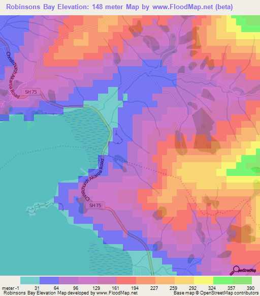 Robinsons Bay,New Zealand Elevation Map
