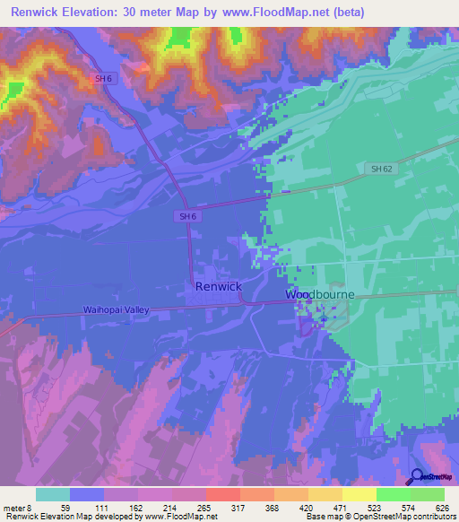 Renwick,New Zealand Elevation Map
