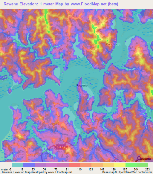 Rawene,New Zealand Elevation Map