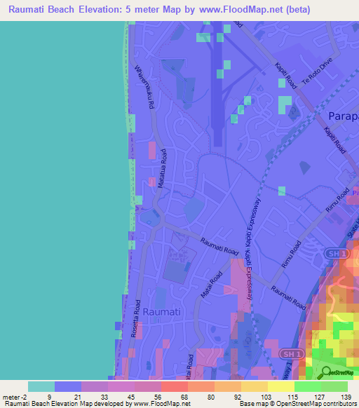 Raumati Beach,New Zealand Elevation Map