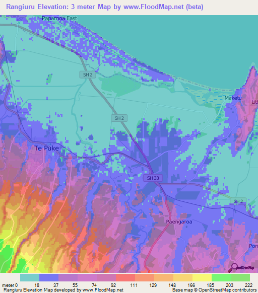 Rangiuru,New Zealand Elevation Map