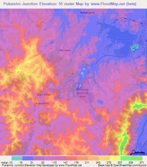 Pukemiro Junction,New Zealand Elevation Map