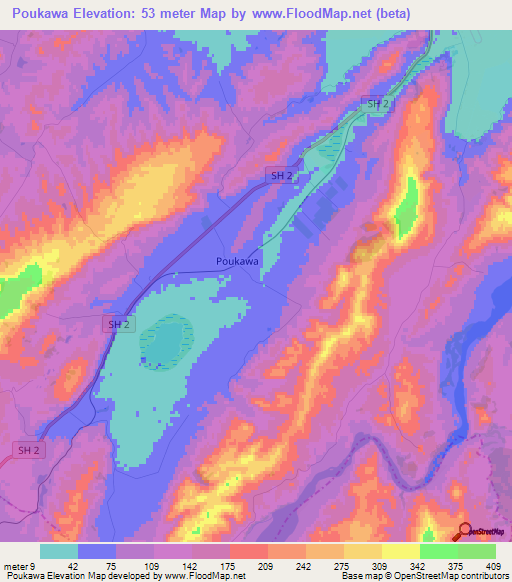 Poukawa,New Zealand Elevation Map