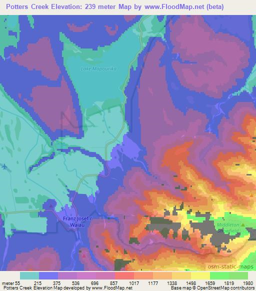 Potters Creek,New Zealand Elevation Map