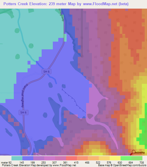 Potters Creek,New Zealand Elevation Map