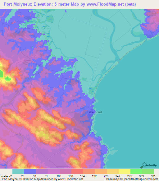 Port Molyneux,New Zealand Elevation Map