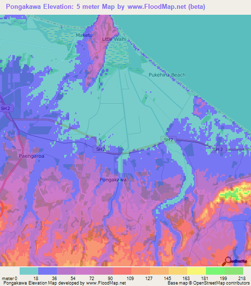 Pongakawa,New Zealand Elevation Map