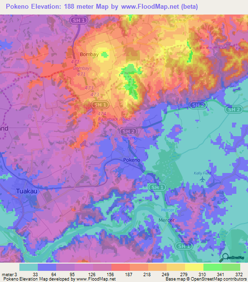 Pokeno,New Zealand Elevation Map