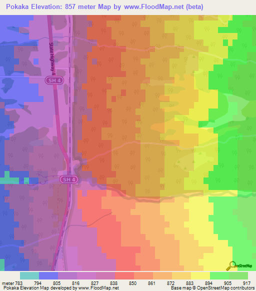 Pokaka,New Zealand Elevation Map