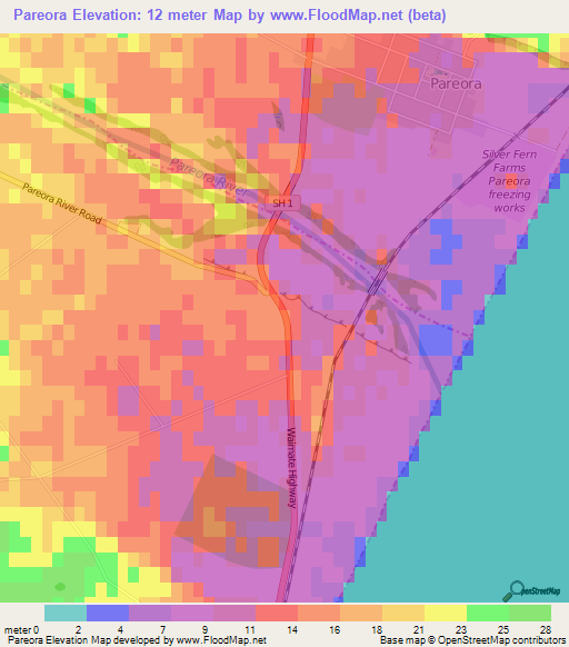 Pareora,New Zealand Elevation Map