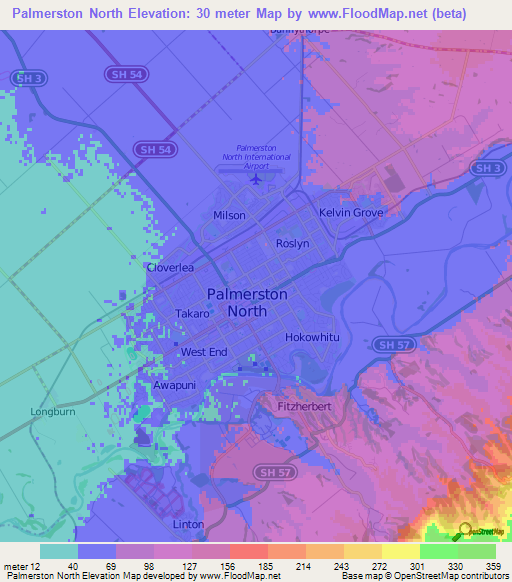 Palmerston North,New Zealand Elevation Map
