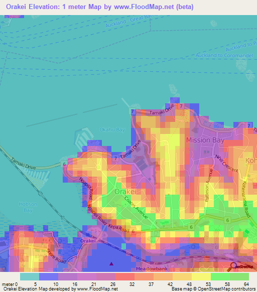 Orakei,New Zealand Elevation Map