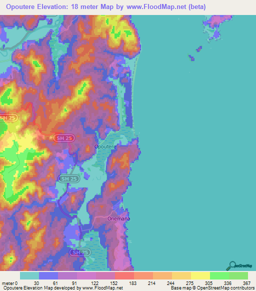 Opoutere,New Zealand Elevation Map