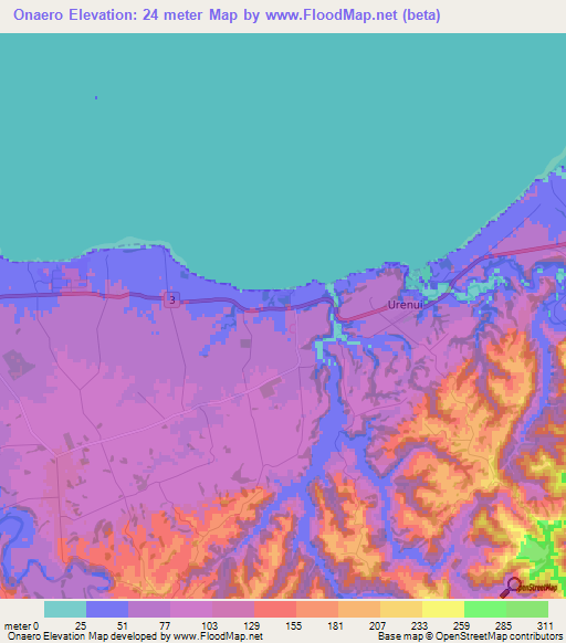 Onaero,New Zealand Elevation Map