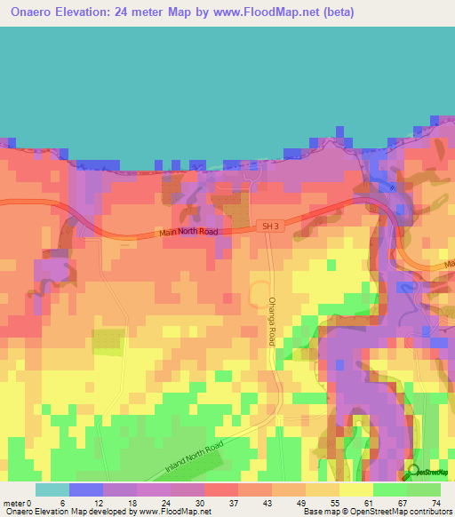 Onaero,New Zealand Elevation Map