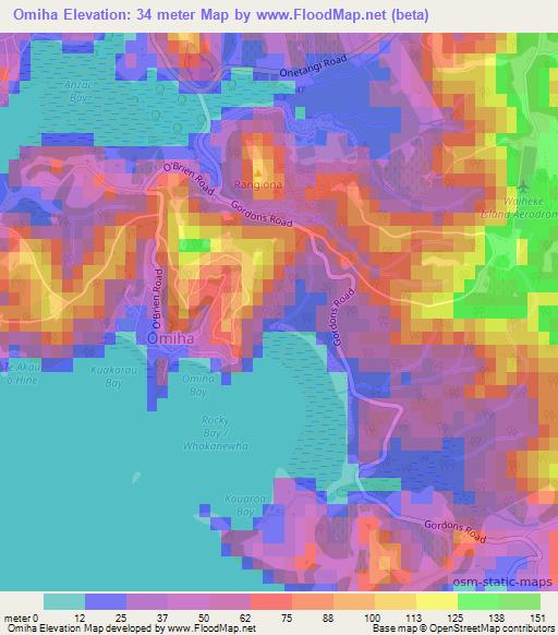Omiha,New Zealand Elevation Map