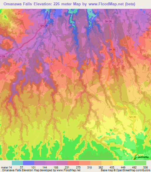 Omanawa Falls,New Zealand Elevation Map